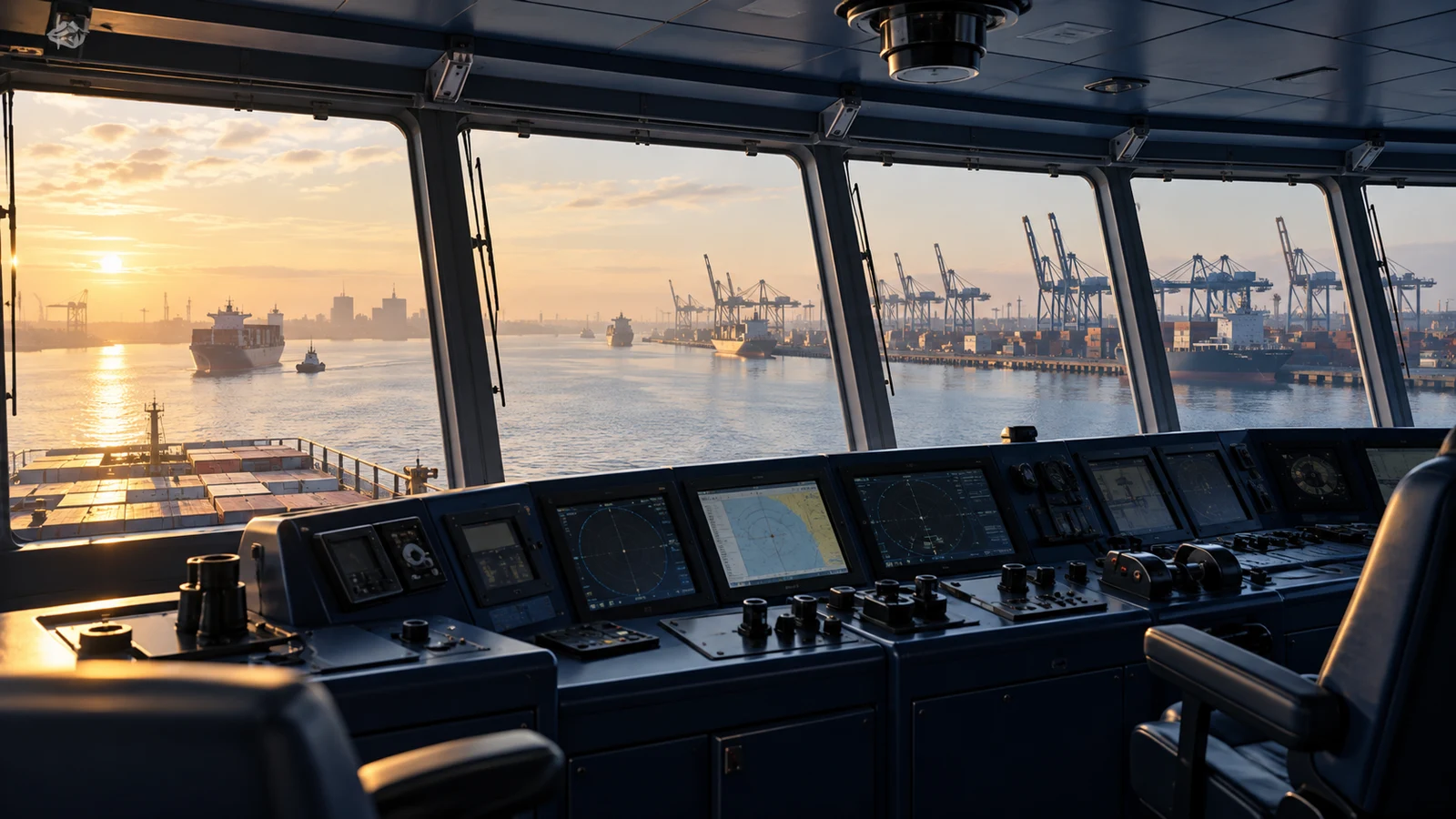 Illustrative view from an unoccupied cargo ship bridge, looking across a working harbour in morning light